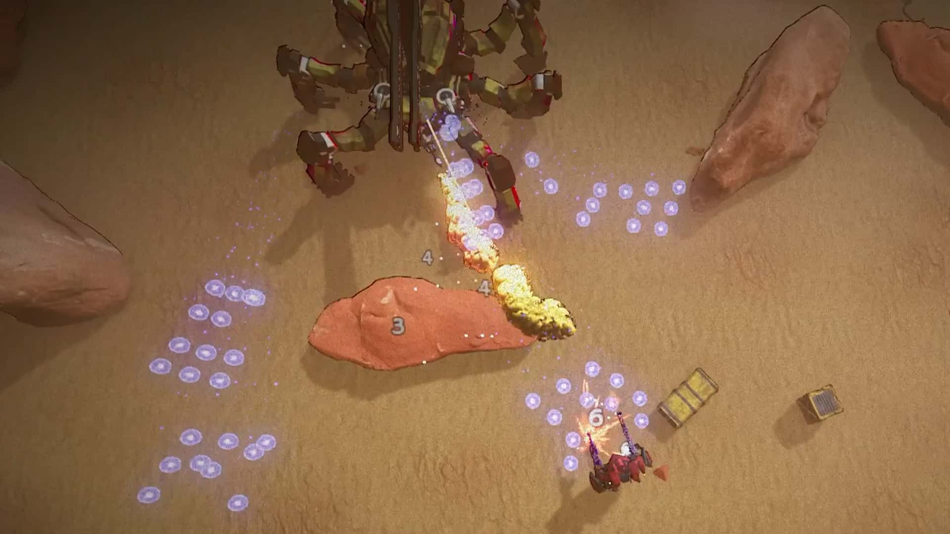 Boss battle against a giant scorpion mech